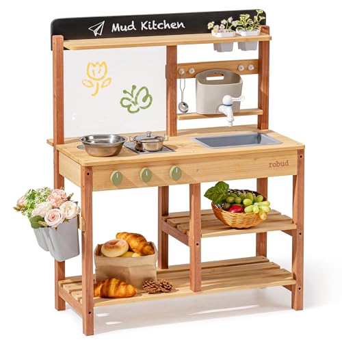 ROBUD Wooden Mud Kitchen for Kids with Sink, Faucet & Accessories