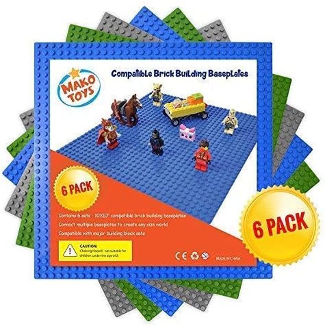 BreoLife Building Base Plates- Compatible Baseplates (6 pieces of 10" x 10") in Blue, Green and Gray, Works with Major Brick Building Sets, Wonderful Plate for Kids (Blue/Green/Gray)