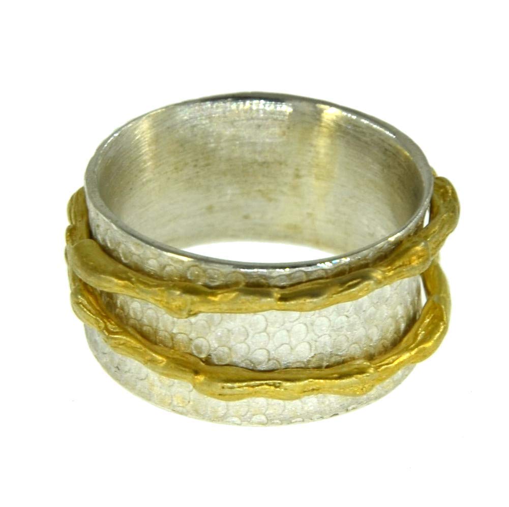 Finger Ring 925 Sterling Silber vergoldet gold Kreise gestempelt Waben Muster 2 bewegliche dicke