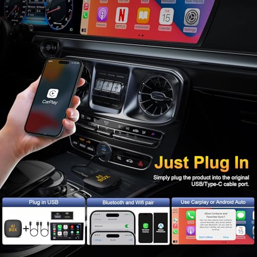 4-in-1 Wireless CarPlay Adapter Support Netflix/YouTube/TF Card, Android Auto & Carplay Adapter with USB-A and USB-C Cables,Convert Wired to Wireless Apple Dongle, Video Box Car Play for iOS 10+