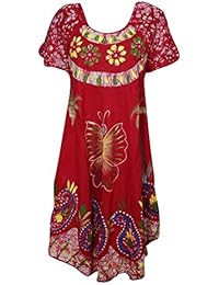 Women's Red Umbrella Dress Cap Sleeves Tie-Dye Loose Flare Dresses S/M