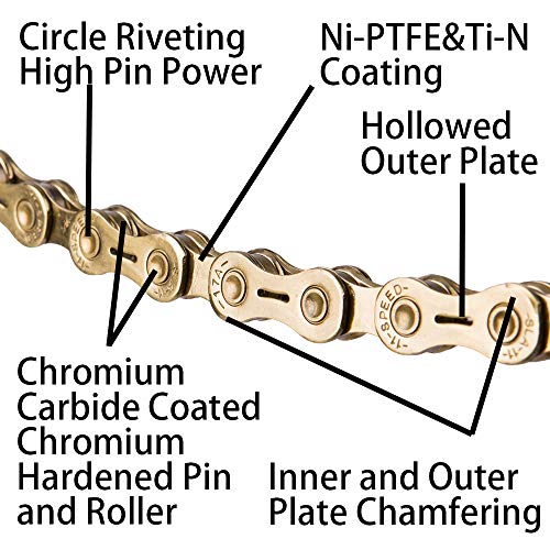 Ztto Gold Silver Grey Bicycle Chain for 7 8 9 10 11 12 14 16 18 21 22 24 27 30 33 Speed Mountain Bike and Road Bicycles (Gold with Hollow Plate, 11 Speed)