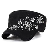 ililily Crystal Gemstone Stud Flower Vintage Cotton Military Army Hat Cadet Cap, Black
