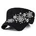 ililily Crystal Gemstone Stud Flower Vintage Cotton Military Army Hat Cadet Cap, Black