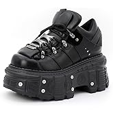 Kluolandi Women's Platform Biker Boots Square Toe Lace Up Motorcycle Boots Black Metal Combat Goth Booties