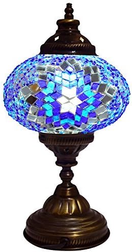 Stunning Handmade Turkish Moroccan Mosaic Glass Table Desk Bedside Lamp Light with Bronze Base (Blue)