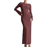 GLNEGE Women's Long Sleeve Bodycon Maxi Dress Elegant Fitted Crew Neck Lounge Dresses