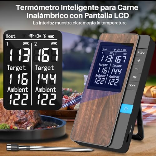 Inalámbrico Termómetro Carne - Termómetro Digital Cocina con Múltiples Sensores y Sondas Ultra Delgadas, Control por App y Manual - Precisión Bluetooth para BBQ, Horno, Parrilla y Ahumador-2 Sondas