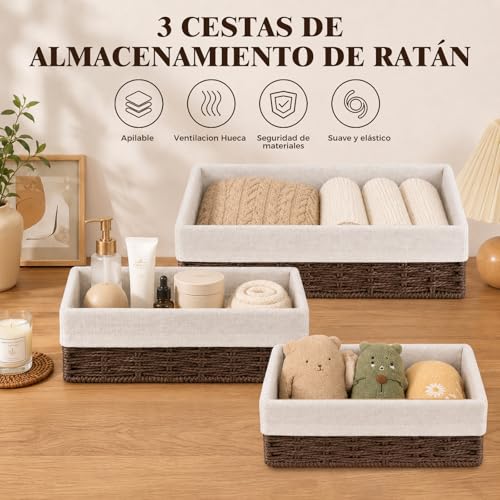 Cestas de Mimbre, Juego de 3 Cestas de Baño, Cestas de Mimbre Tejidas a Mano con Forro Extraíble, Cesta de Almacenamiento para el Hogar Apilable para Dormitorios, Cocina, Baños, Estantería y Organizar
