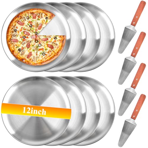 Milkary 8Pcs 12 Inch Pizza Pan, Stainless Steel Pizza Serving Tray with 4pcs Pizza Spatula, Round Non-Stick Coating Pizza Plate for Baking Cake Pie Serving Tableware Kitchen Home Restaurant