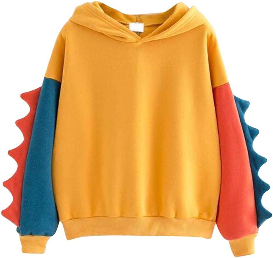 Women Casual Loose Color Block Long Sleeve Dinosaur Hoodies Pullover Tops Hooded Sweatshirt