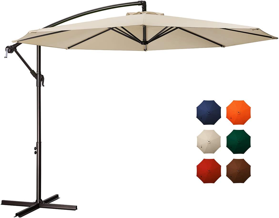 MEWAY 10ft Outdoor Umbrella Backyard Umbrella Deck Umbrella Cantilever Patio Offset Umbrella with Crank & Cross Base, Easy to Instal (10ft, Light Beige)
