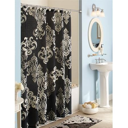 Elegant Traditional Black White Gray Damask Fabric Shower Curtain