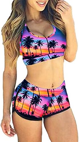 JasWell Women's Coconut Tree Printed Racer Back Sporty Swimsuit Short Swimwear M,Purple coconut tree