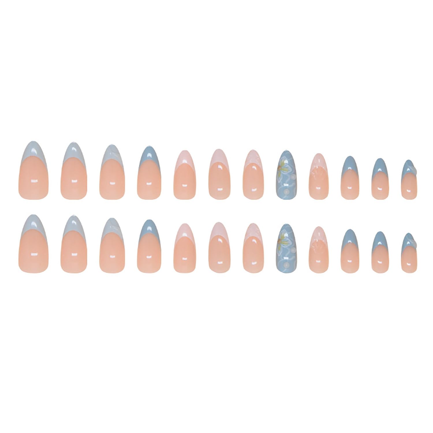 24 Pcs Almond Press on Nails Medium Fake Nails Flower & 3D Water Ripple Design Acrylic Nails Press ons Cute French Tip False Nails Full Cover Holiday Glue on Nails Stick on Nails for Women Girls - Image 5