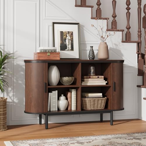 QUW Console Table with Sliding Tambour Doors, 47" Mid Century TV Stand with Storage & Adjustable Open Shelves for TVs up to 55", Modern TV Console for Living Room, Hallway, Dark Walnut at Amazon