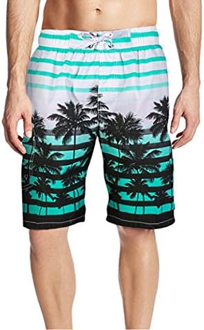 ACHIEWELL Men's Swim Trunk Stripe Beach Short Coconut Tree Printing Cargo Boardshorts Quick-Drying (XXXXL, Aqua)