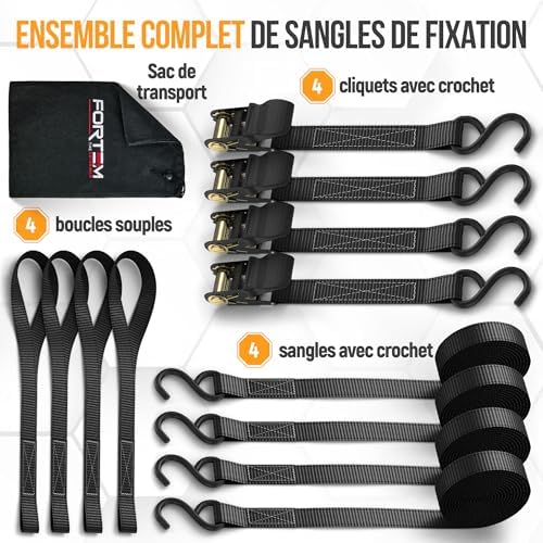 Sangles d'Arrimage, Résistance 748 kg, 4 Sangles de Remorquage de 4,5 m, 4 Boucles Souples, Sangles Arrimage Moto, Anse Caoutchouc, Crochets Métal Enduit, Sac de Transport (Noir)
