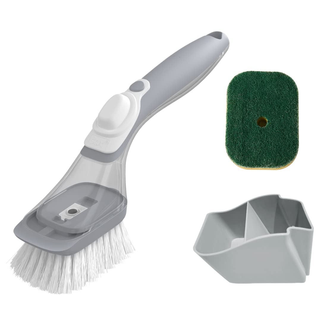 CQT Soap Dispensing Dish Brush Storage Set, Dish Scrubber with Handle, Kitchen Washing Brush for Pot Pan Sink Cleaning, Kitchen Brush with Holder and 1 Replaced Scouring Pad Head