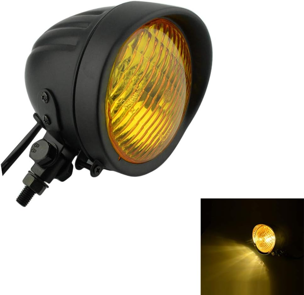 Black Amber Lens Retro Vintage Motorcycle 55W Headlight 12V Universal Scooter Refit Headlamp Motor Retro Black Head Lamp Motorbike Moto Vintage Front Light(Black Amber Lens)