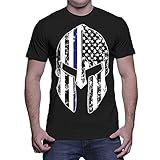 Mens Thin Blue Line - Spartan Mask American Flag T-shirt