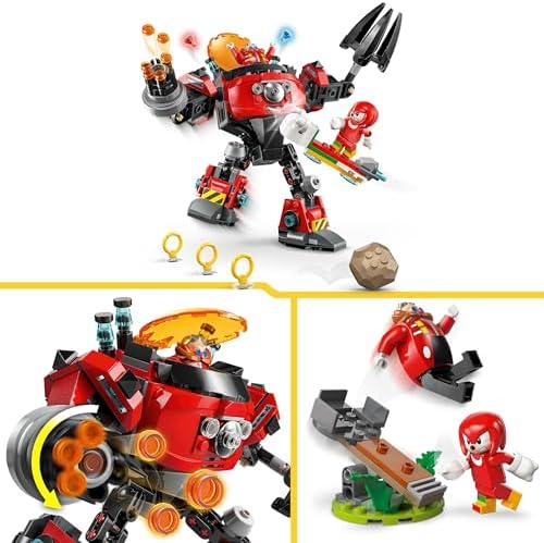 Sonic The Hedgehog Knuckles Contre l’Egg Crusher de Dr. Eggman - Jouet Robot - 2 Minifigurines, Anneaux & Émeraudes du Chaos - Cadeau pour Garçon, Fille & Fans de Jeux Vidéo dès 8 Ans 77005