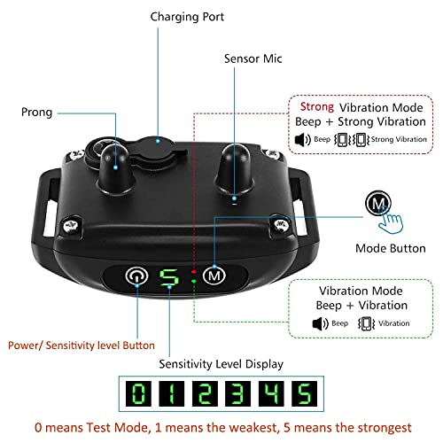 Bark Collar Dog Bark Collar, Rechargeable NO Shock Anti Barking Collar with 5 Adjustable Sensitivity and Beep Vibration Without Shock Bark Collar for Small Medium Large Dogs