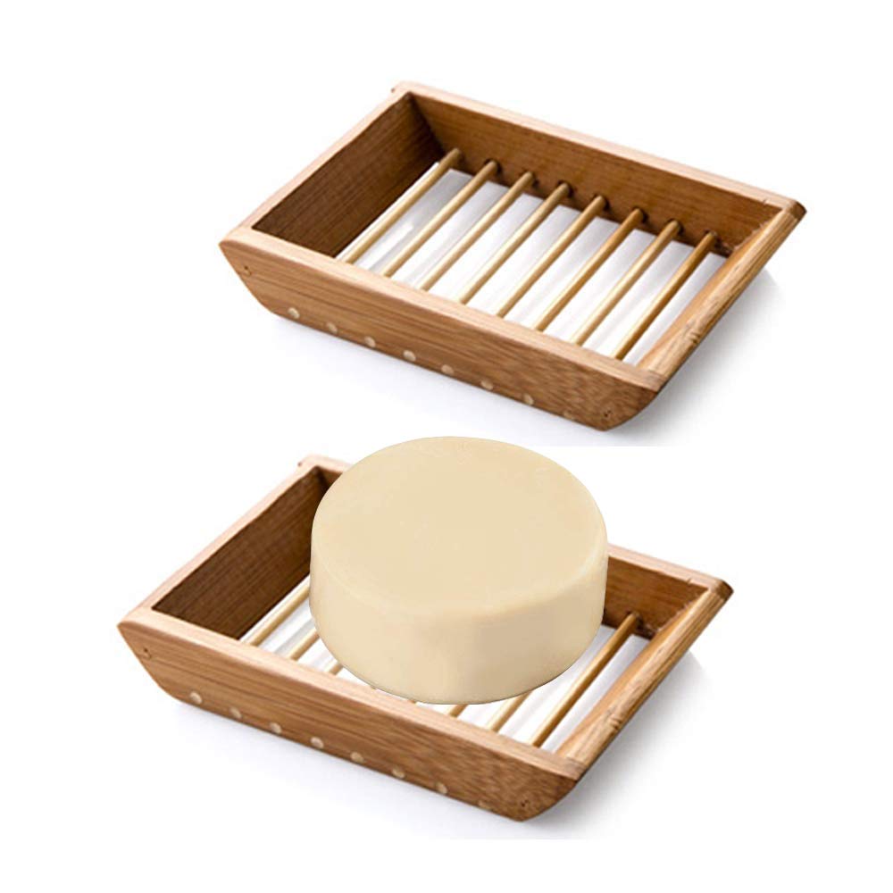Kaxich 2 Pack Bamboo Wooden Soap Dish Drainer Shower Soap Storage Holder Saver Soap Tray Plate for Bathroom Shower Vanities Kitchen Sink