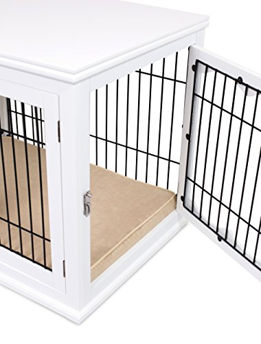 Internet's Best Decorative Dog Kennel with Pet Bed - Small Dog - Double Door - Wooden Wire Dog House - Large Indoor Pet Crate Side Table - White