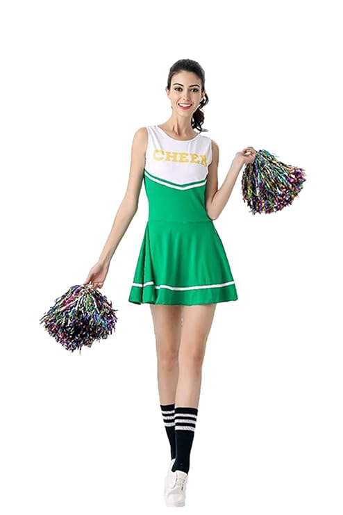 RdChicLog Damen Cheerleader Kostüm Sportereignis Kleid und Pompoms Cheerleaderkostüm Halloween Fasching Party Karneval Miniro