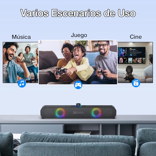 1 Hora Bocina Bluetooth 10W, Barra de Sonido con 2400mAh Batería, Soundbar para PC TV, RGB Altavoces Inalámbricos Soporte 3.5mm AUX/TF/USB/Bluetooth para Interior, Hogar y Fiesta