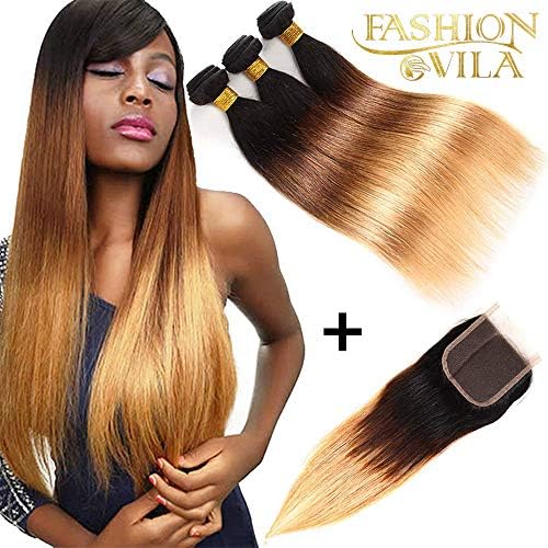 Brazilian Virgin Straight Hair 3 Bundles with Closure(14 16 18+12"Closure) 10A Virgin Remy Straight Hair Free Part Closure and Bundles 100% Unprocessed Brazilian Human Hair for Black Women