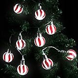 LANGRIA Red and White Stripe Globe Ball String Lights Battery Powered 20 LEDs, 7.22 FT/2.2M Long for Indoor Use, Holiday, Festival, Party Decoration