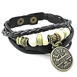 KONOV Mens Womens Leather Bracelet, Zodiac Sign Charms Beads Adjustable Bangle, Black