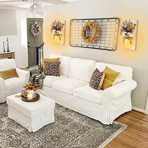 Mason Jar Sconces Wall Decor - Rustic Wall Sconces - Decorative Jars with Cotton Stems & Baby Breath Flower with Remote Timer LED Fairy Lights for Kitchen Home Décor Living Room Wall Lights Set of 2