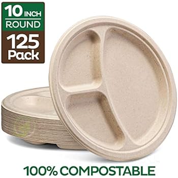 100% Compostable Paper Plates [10 inch - 125-Pack] 3 Compartment Disposable Plates Heavy-Duty Quality, Natural Bagasse Eco-Friendly Made of Sugar Cane & Wheat Straw Fibers, 10