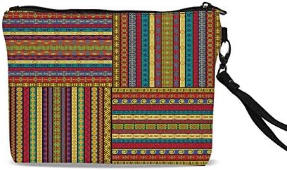 African Cosmetic Bag Storage Bag,Set of Ethnic Borders Pattern Old Fashioned Ancient Culture Colorful Artful Print Decorative For Women Girl,9"L x 1.5"W x 6.2"H