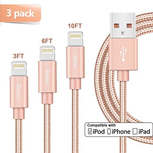 WOOO iPhone Charger Cable 3Pack 3ft 6ft 10ft Nylon Braided 8Pin Lightning to USB Cable Cord Charger Compatible with iPhone 7 7 Plus 6 6s 6 plus 6s plus, iPhone 5, iPad, iPod and More (Rose gold)