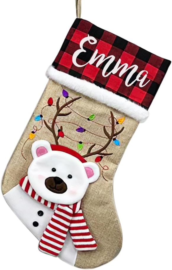 Stockings & Holders - Juantao Personalized Christmas Stocking with Name Buffalo Plaid Xmas Stocking with 3D Gnome Santa Reindeer White Bear Snowmen Hanging Stocking for Christmas Tree Family Holiday Party Decoration
