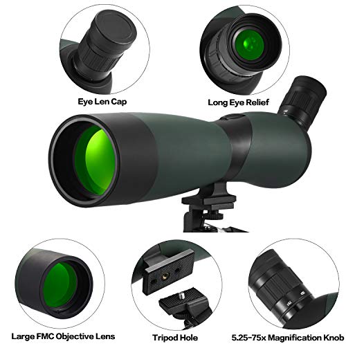 occer 25-75x70 Spotting Scope Telescope with Tripod,Long Eye Relief 45 Degree Angled Eyepiece Scopes,Waterproof Spotter Scope for Hunting,Target Shooting,Bird Watching,Archery,Wildlife-with Carry Case