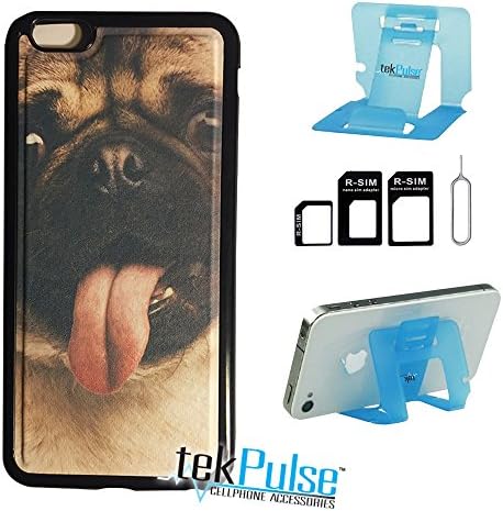 TekPulse (tm) Happy Pug Panting Dog Real Leather TPU Back Cell Phone Case &amp; Nano Sim Card Adapter &amp; Collapsible Cell Phone Stand - [3 pcs] - Direct Print Technology Fits Apple iPhone 6 Plus