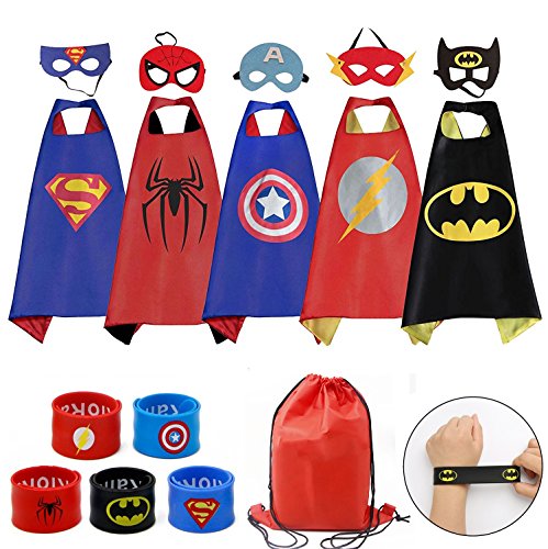 Dress up Costumes 5-Pack Cartoon Satin Capes Set with Felt Mask,Slap Bracelets and Exclusive Bag for Boys (5pcs Costumes)