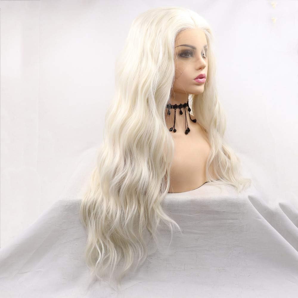 Xiweiya Platinum Blonde Wig Long Loose Curly Wavy Blonde White Synthetic Front Wigs Middle Part Natural Hairline Heat Resistant Fiber Hair Replacement Wigs 180% Density Half Hand Tied 24inch - Image 5