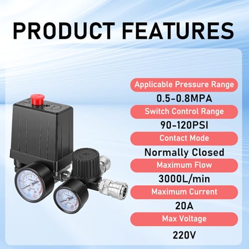 Pressure Switch Air Compressor, 220V Pressure Switch Compressor, 20A Kit Accessories Air Compressor with Pressure Gauge Safety Valve Fittings 90-120 PSI