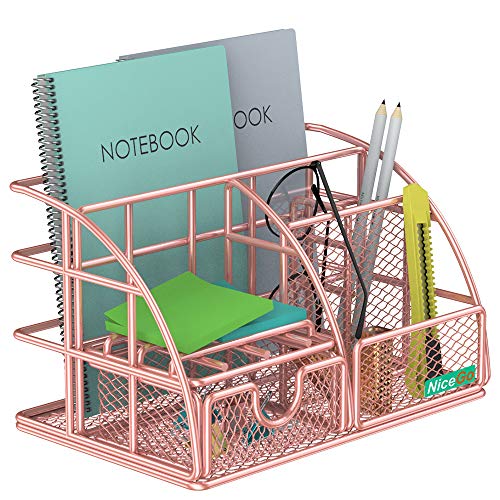 NiceGo Rose Gold Desk Organizer with Sliding Drawer,File Tray and Pen Holder Paper Organizer Upright Sections, Metal Mesh Multi-Functional Stationery Desk Supply Organizer for Office and School etc - Thumbnail 7