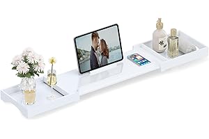 Bathtub Tray Caddy Table for Tub - Rulyyo Tub Tray Bath Caddy Tray for Bathtub, White 23-42.5 Inch Expandable Over The Tub Bath Tray for Bathtub, Waterproof Bathtub Caddy Tray for Luxury Bath