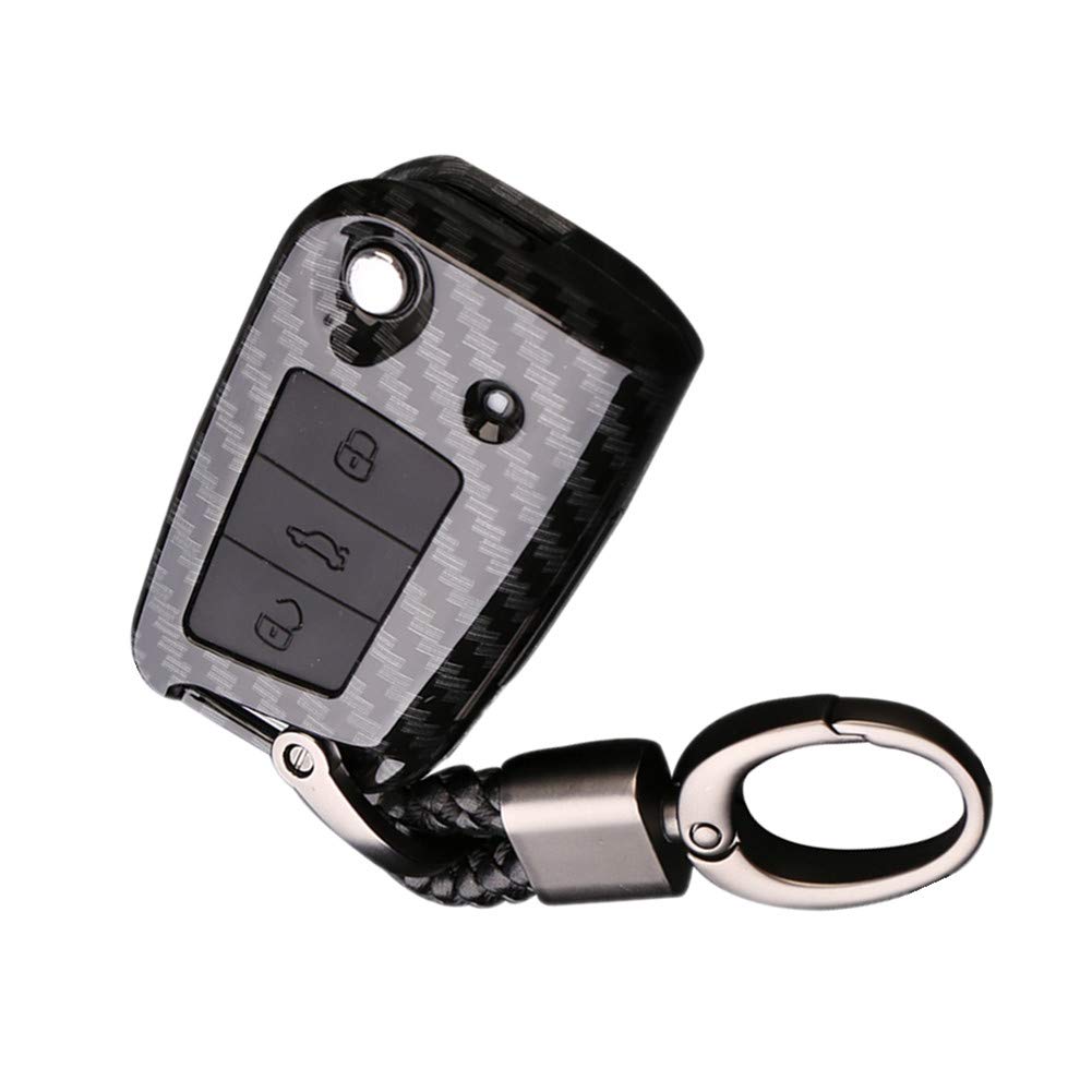 ABS Carbon Fiber Shell+Silicone Car Key Cover Cases for Volkswagen VW 3 Buttons Remote with Keychain (Black + black)
