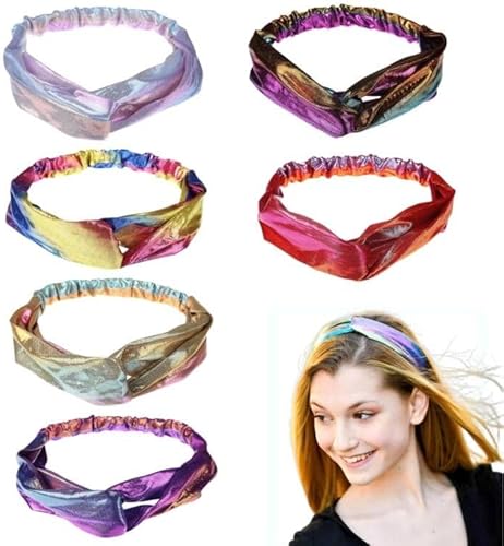 SamHeng Shiny Metallic Headbands for Women Stretchy Hair Head Bands 6 Pack No Slip Fashion Women's Turban Head Wraps Elastic Hair Accessories for Adult Girls Yoga Workout