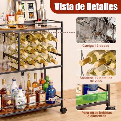 Carrito Organizador con Ruedas,Carrito Auxiliar,Carrito de Servicio Tipo Bar,Mueble Cantina Bar para Casa de 3 Niveles,Ruedas Bloqueables,para 12 Botellas y Copero,Multiusos para Cocina,Sala y Fiestas