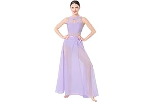 ODASDO Lyrical Dance Costume for Women Lace Sleeveless Leotard Sheer Flowy Long Wrap Skirt 2pcs Outfit